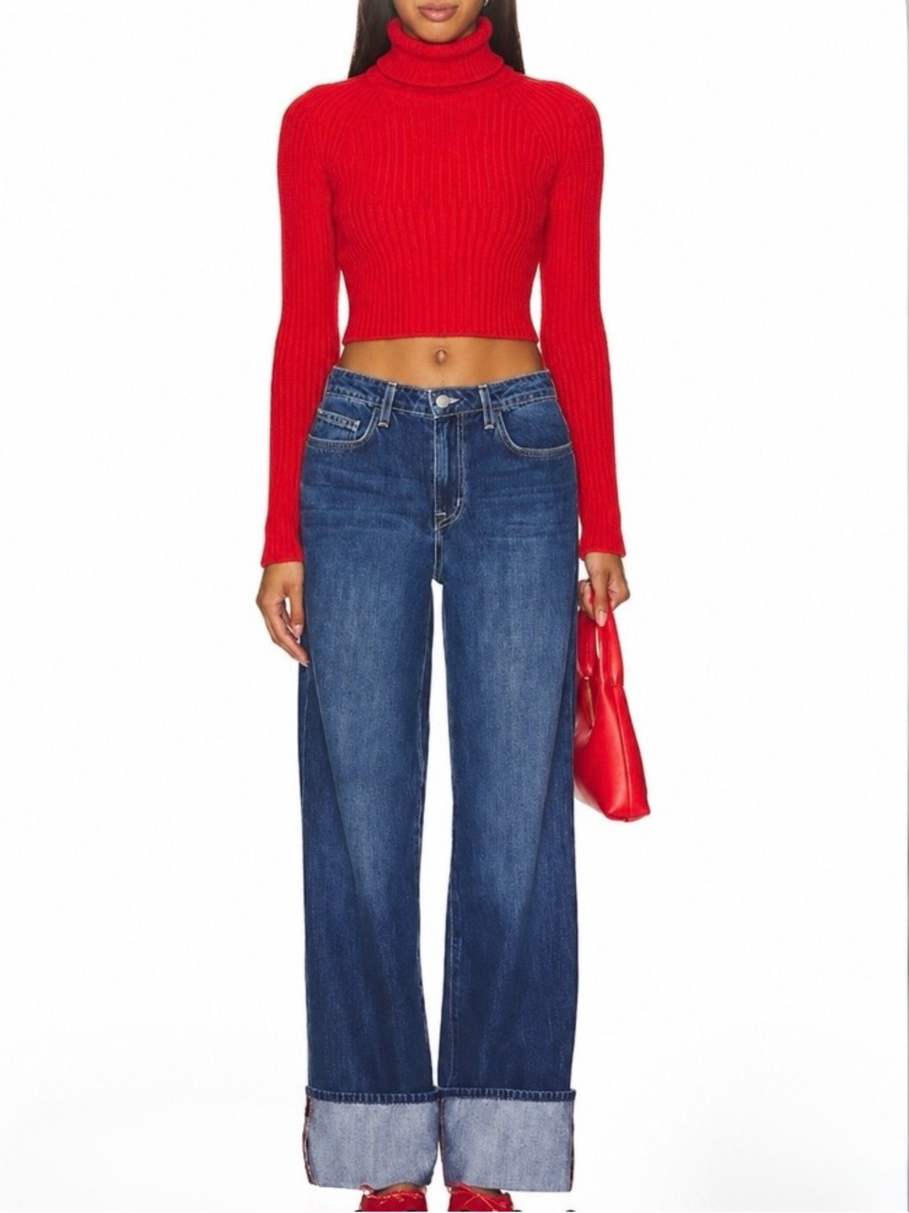 L'AGENCE Miley Wide-Leg Cuffed Ultra High Waist Luxury Jeans Mid Blue Sz 29